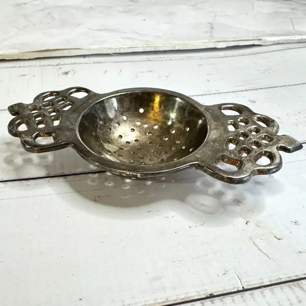 Vtg Silver Plated Tea Strainer Handle Over the Cup Pierced Open Work Art Deco